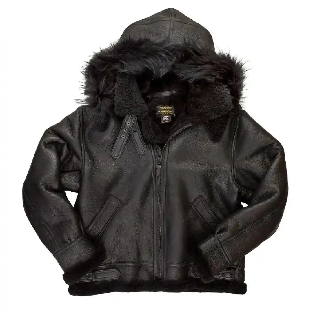 Cockpit USA Men's Black B-3 Hooded Sheepskin Bomber Jacket