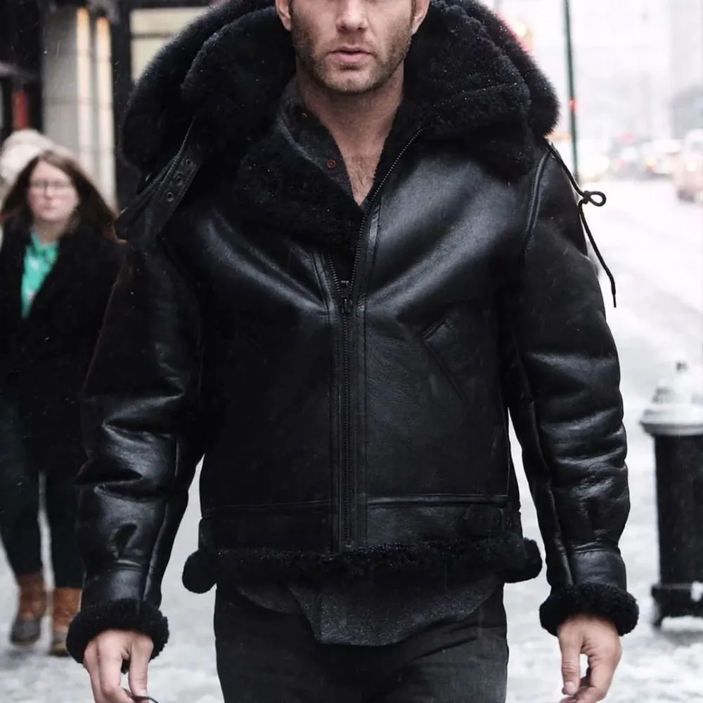 Cockpit USA Men's Black B-3 Hooded Sheepskin Bomber Jacket - Image 2