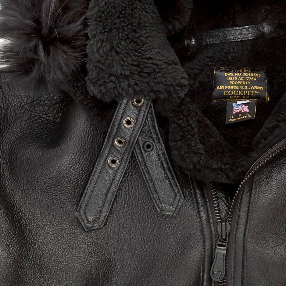 Cockpit USA Men's Black B-3 Hooded Sheepskin Bomber Jacket - Image 4