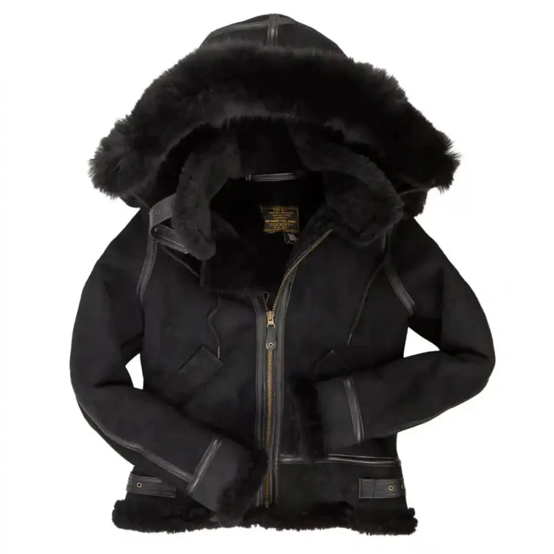 Cockpit USA Women's Hooded B-3 Sheepskin Bomber Jacket (Black,Tan or Brown)