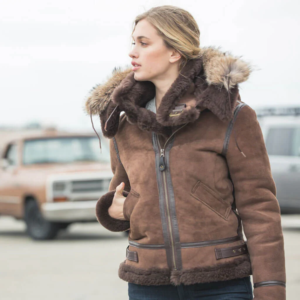 Cockpit USA Women's Hooded B-3 Sheepskin Bomber Jacket (Black,Tan or Brown) - Image 2