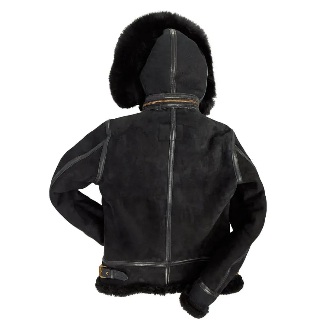 Cockpit USA Women's Hooded B-3 Sheepskin Bomber Jacket (Black,Tan or Brown) - Image 3