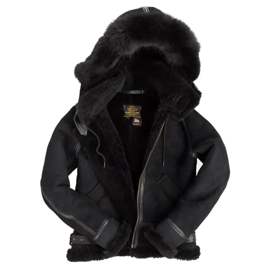 Cockpit USA Women's Hooded B-3 Sheepskin Bomber Jacket (Black,Tan or Brown) - Image 6