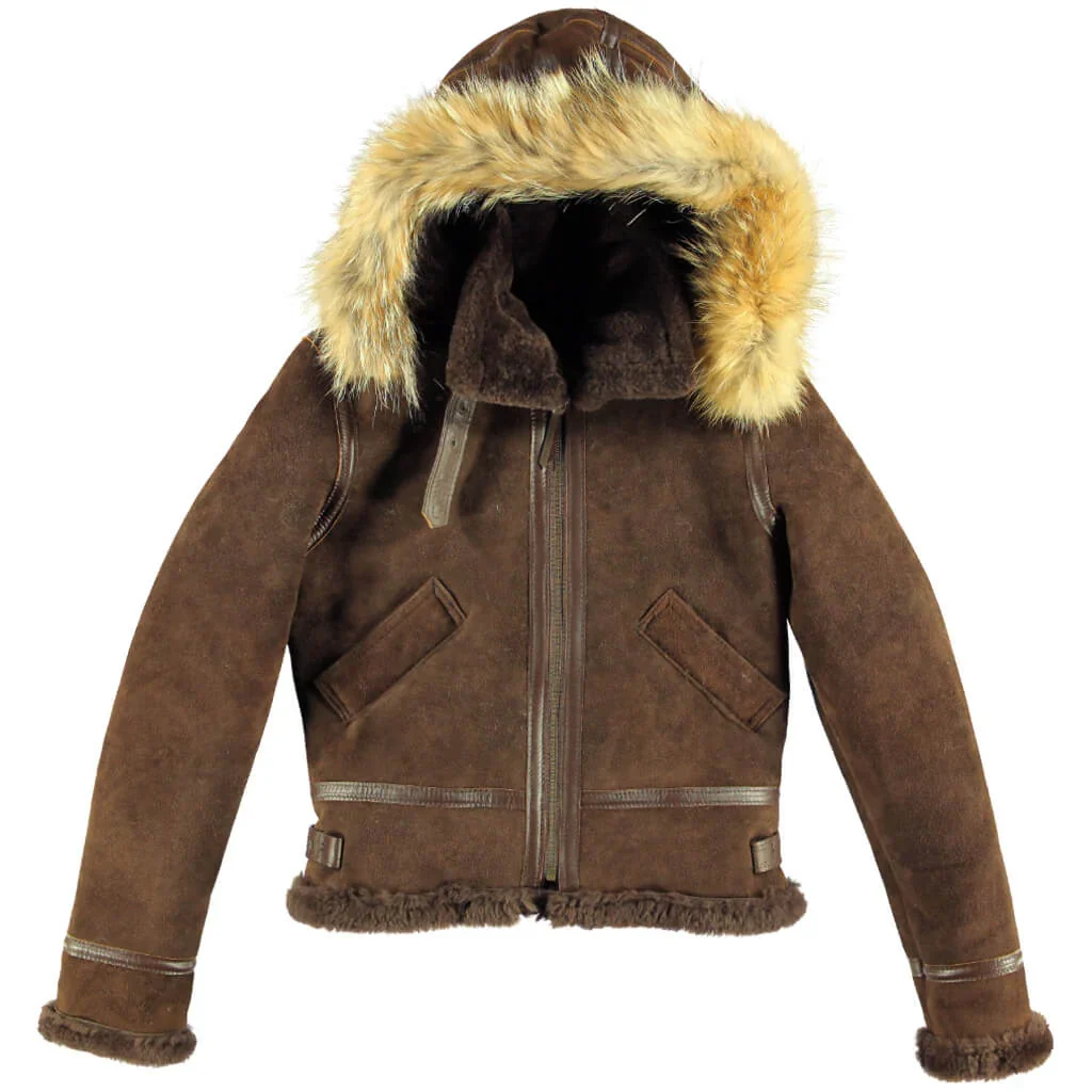 Cockpit USA Women's Hooded B-3 Sheepskin Bomber Jacket (Black,Tan or Brown) - Image 7