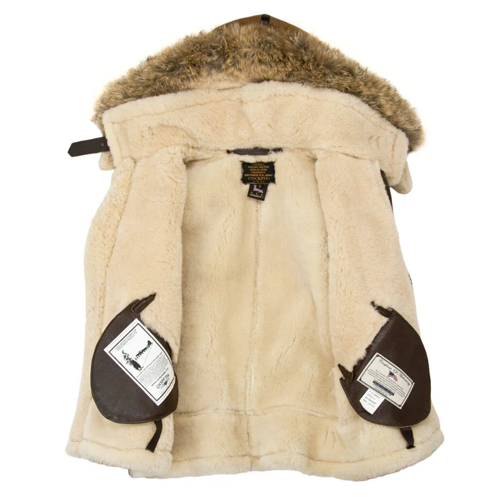 Cockpit USA Women's Hooded B-3 Sheepskin Bomber Jacket (Black,Tan or Brown) - Image 8